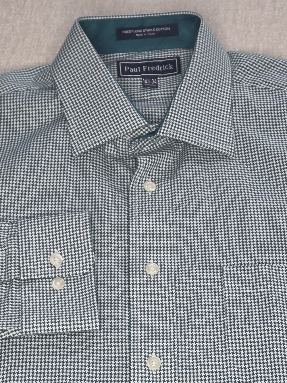 Paul Fredrick Dress Shirt Mens 16.5 34 Green White Houndstooth Cotton NWOT
